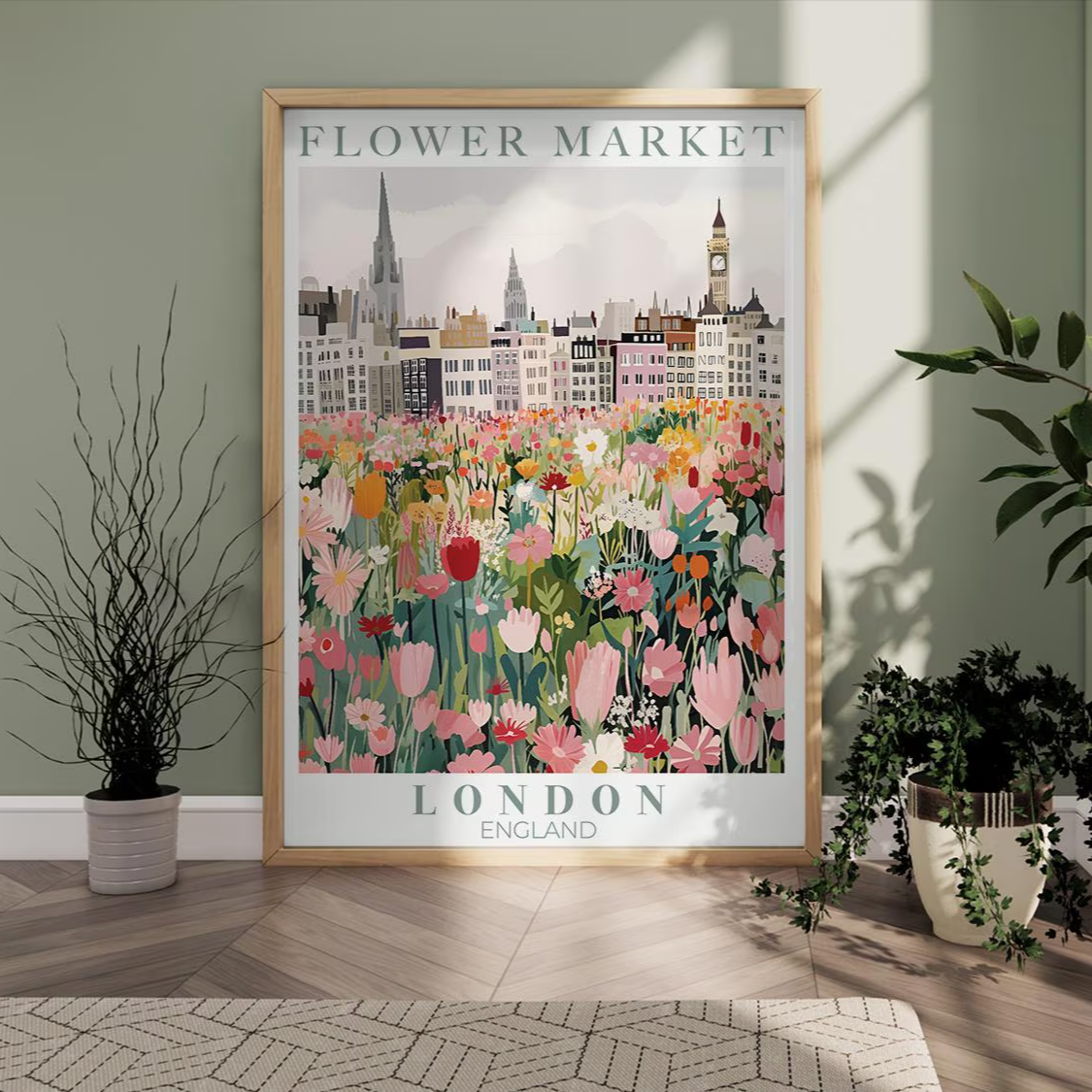 Illustrated poster of the London Flower Market featuring vibrant floral arrangements in the foreground and iconic London architecture, including Big Ben and a red double-decker bus, in the background. Styled in a cozy interior with natural light and plants
