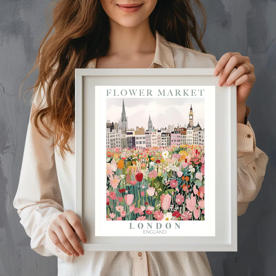 Illustrated poster of the London Flower Market featuring vibrant floral arrangements in the foreground and iconic London architecture, including Big Ben and a red double-decker bus, in the background. Styled in a cozy interior with natural light and plants