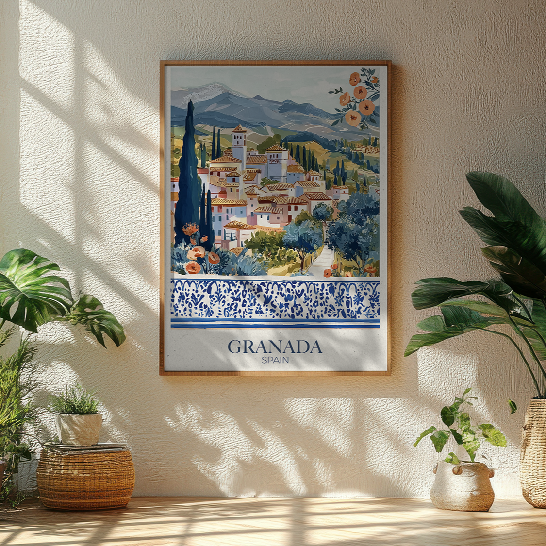 Framed artwork of Granada, Spain on a wall with plants around