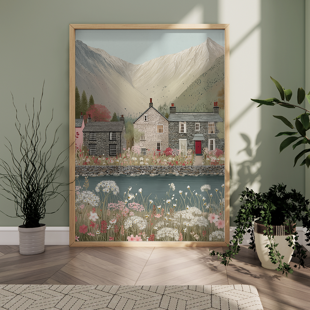 Framed artwork of a village scene with mountains and flowers in a room with plants.