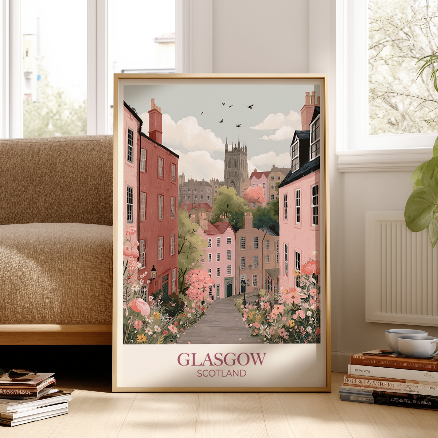 Framed artwork of a scenic view of Glasgow, Scotland, in a living room setting.