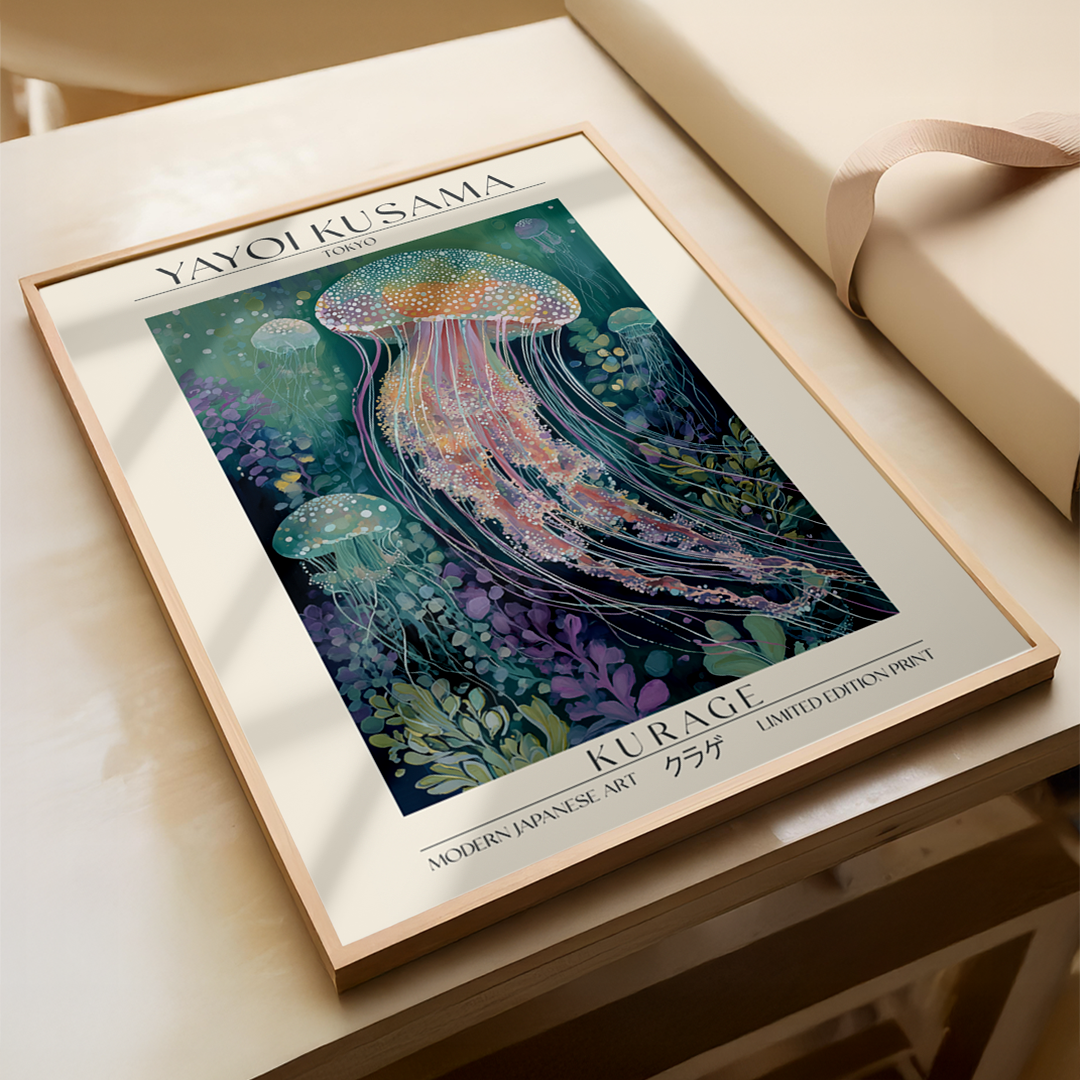 Framed artwork of a jellyfish by Yayoi Kusama on a light wooden surface.