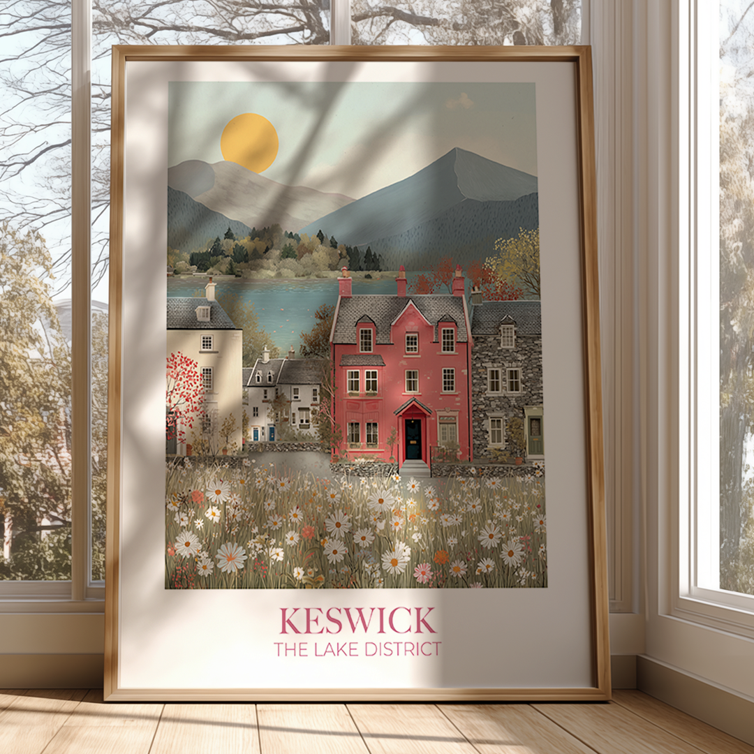 Framed artwork of Keswick, The Lake District with a scenic view of houses and mountains.