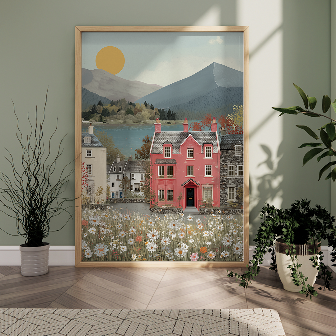 Framed artwork of a scenic village with mountains and a lake in a room with plants.