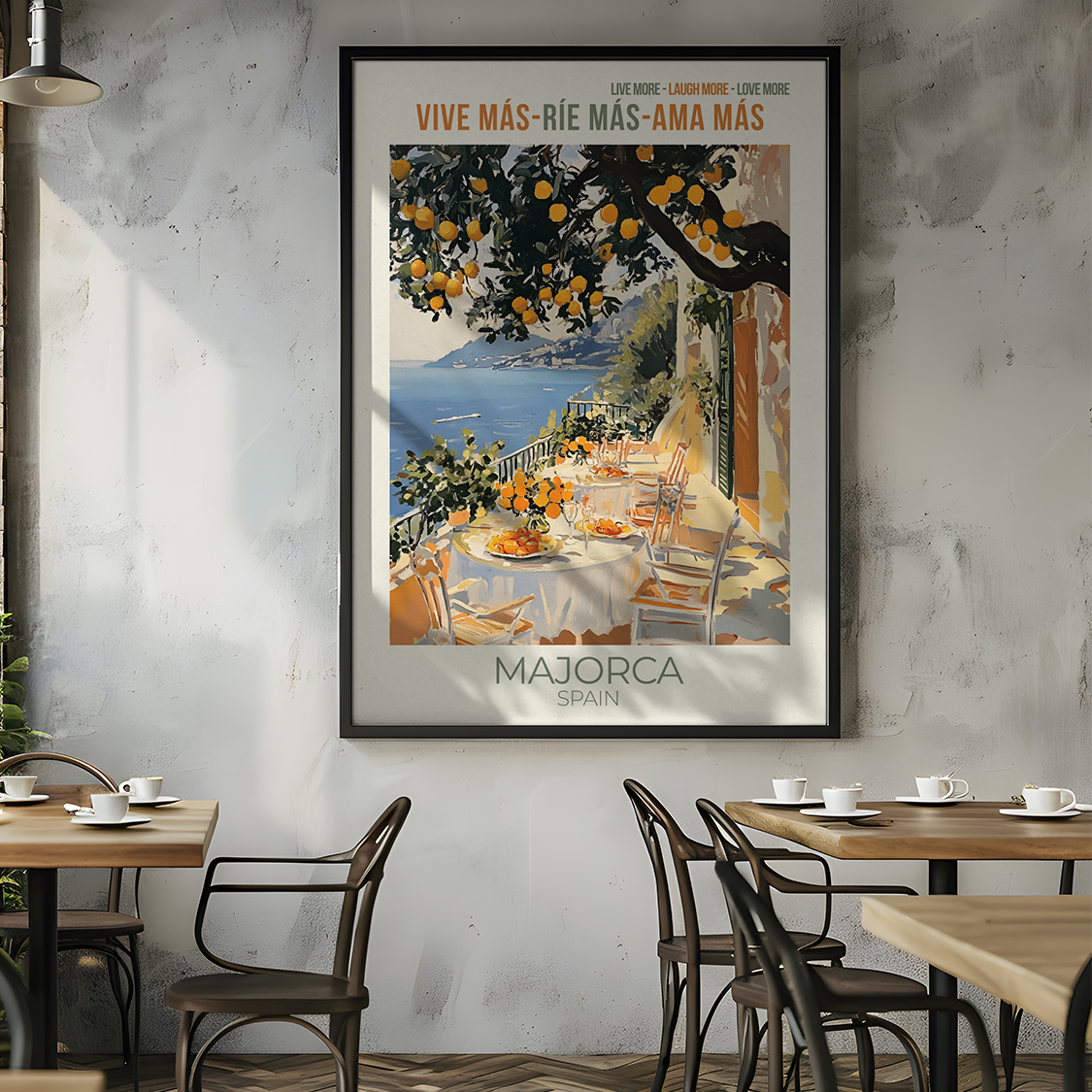 Framed poster of a scenic view with text on a wall above a dining area.