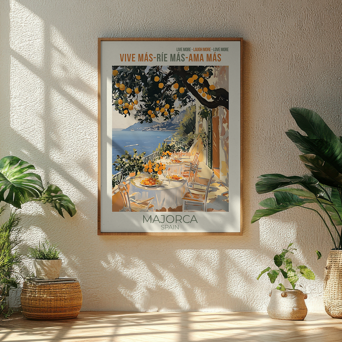 Poster of a scenic dining table on Majorca with plants around
