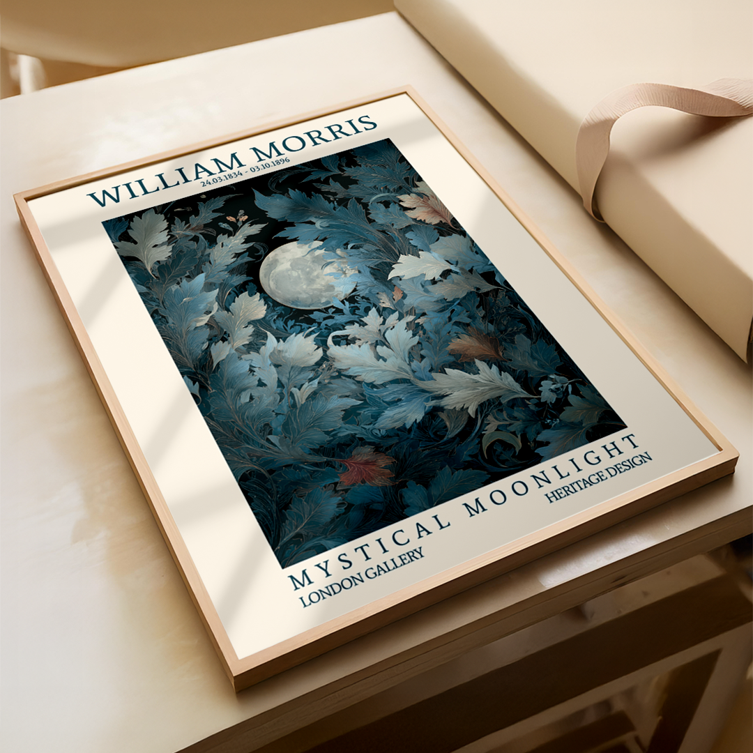 Framed artwork titled 'Mystical Moonlight' by William Morris on a wooden surface.