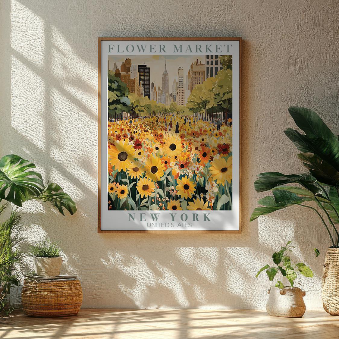 Framed poster of a flower market in New York on a wall with plants around.