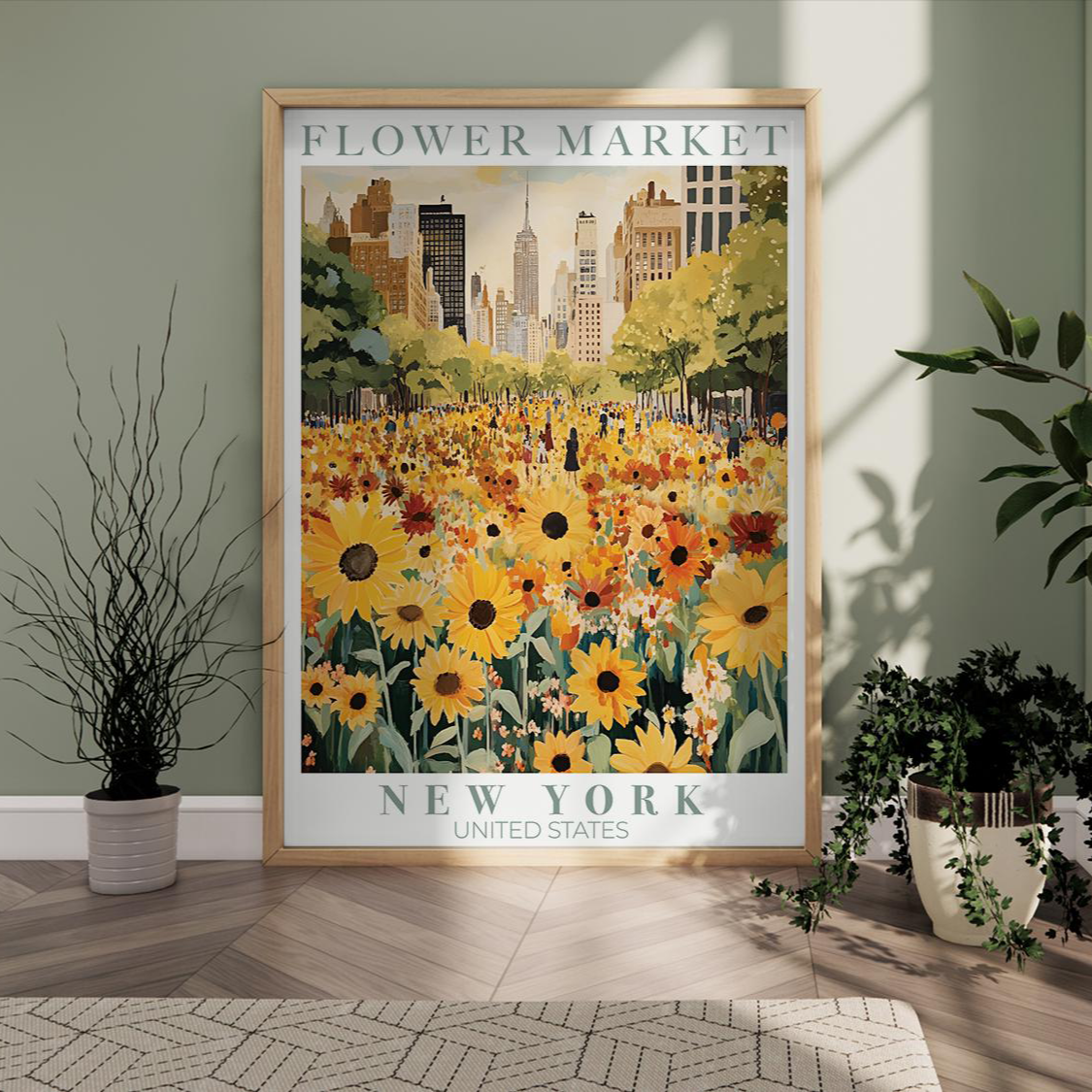 Framed wall art print depicting a vibrant flower market in New York City, featuring sunflowers and colorful blooms in the foreground with skyscrapers in the background.