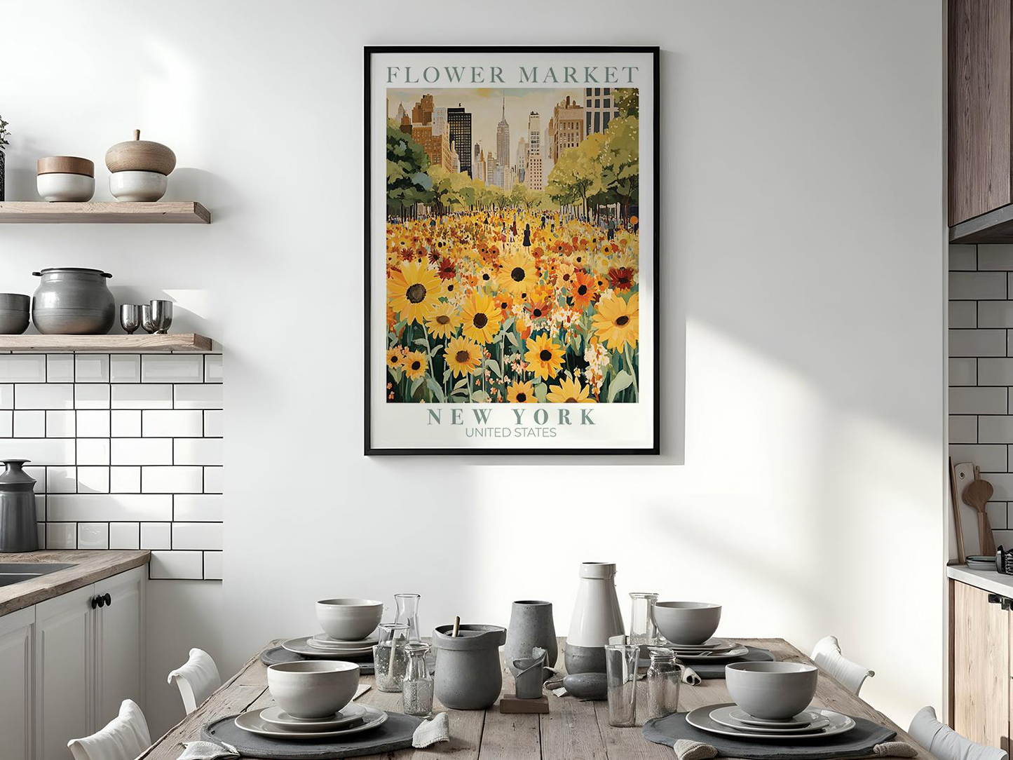 New York Flower Market Botanical Wall Art – Green Floral Illustration
