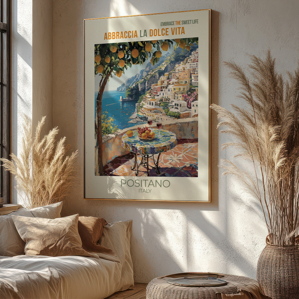 Poster of a scenic Italian town on a wall in a sunlit room with decor elements.