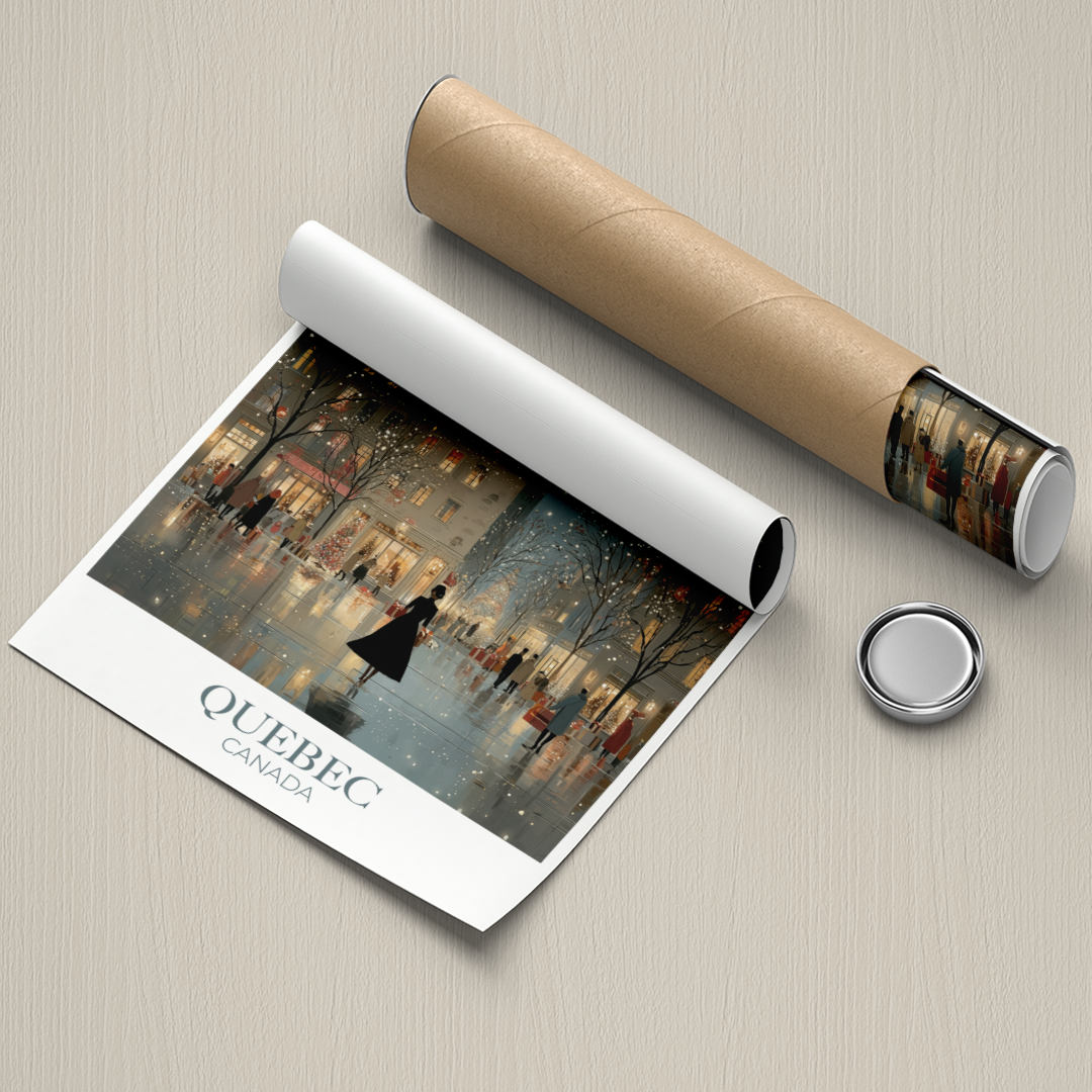 Roll of paper with a scenic design of Quebec, Canada, on a textured surface.