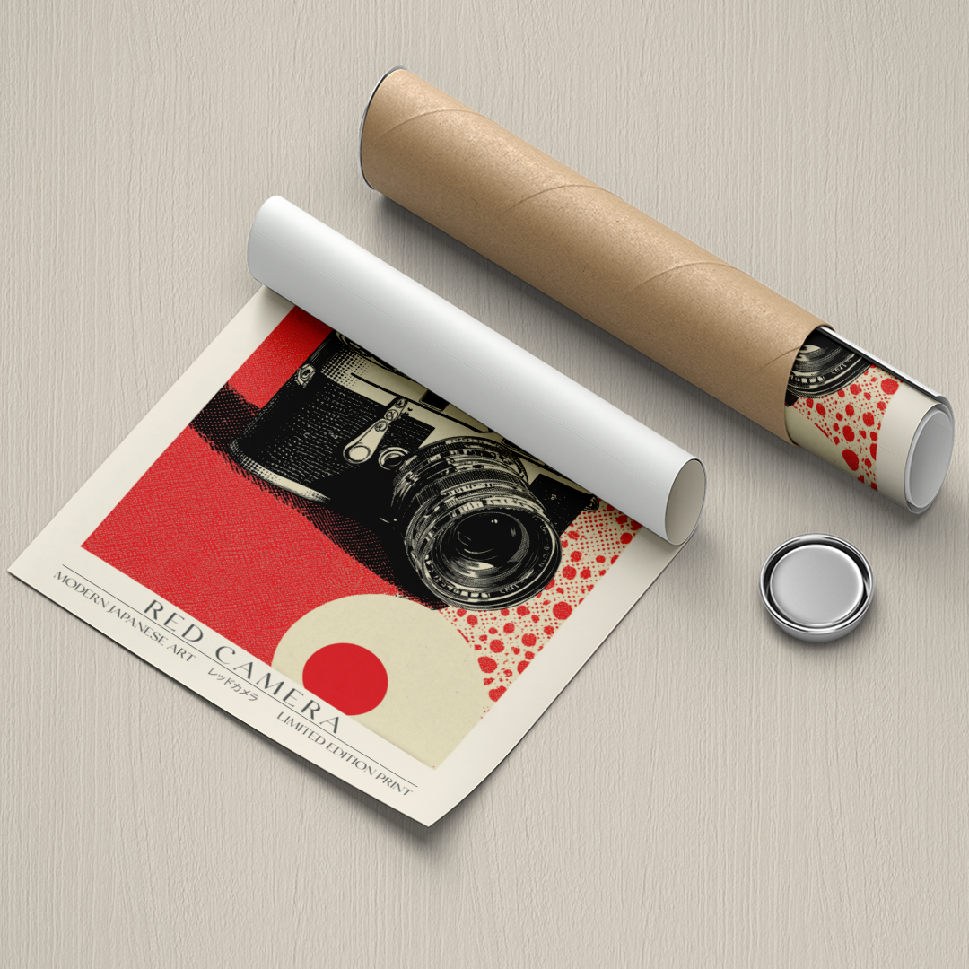 Poster of a camera with a roll of paper and a small round object on a textured surface