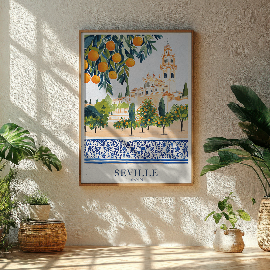 Framed artwork of Seville, Spain with oranges and a building on a wall with plants around.