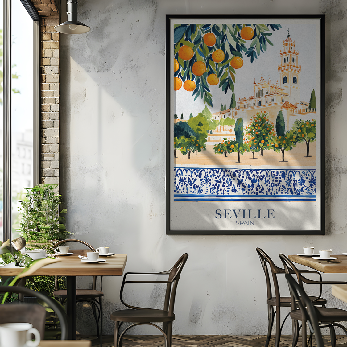 Restaurant interior with a Seville-themed wall art print.
