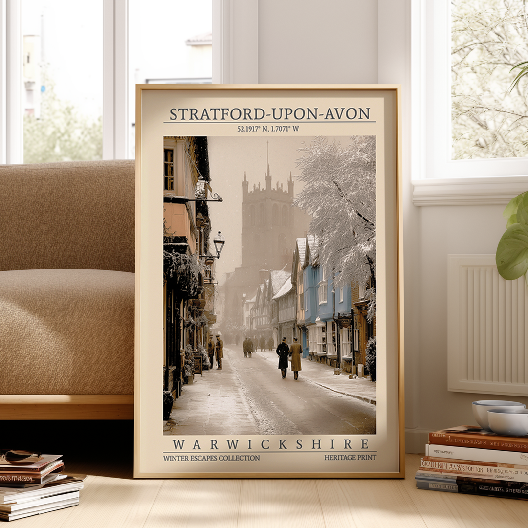 Framed poster of a street scene in Stratford-upon-Avon, Warwickshire, on a wall in a room.