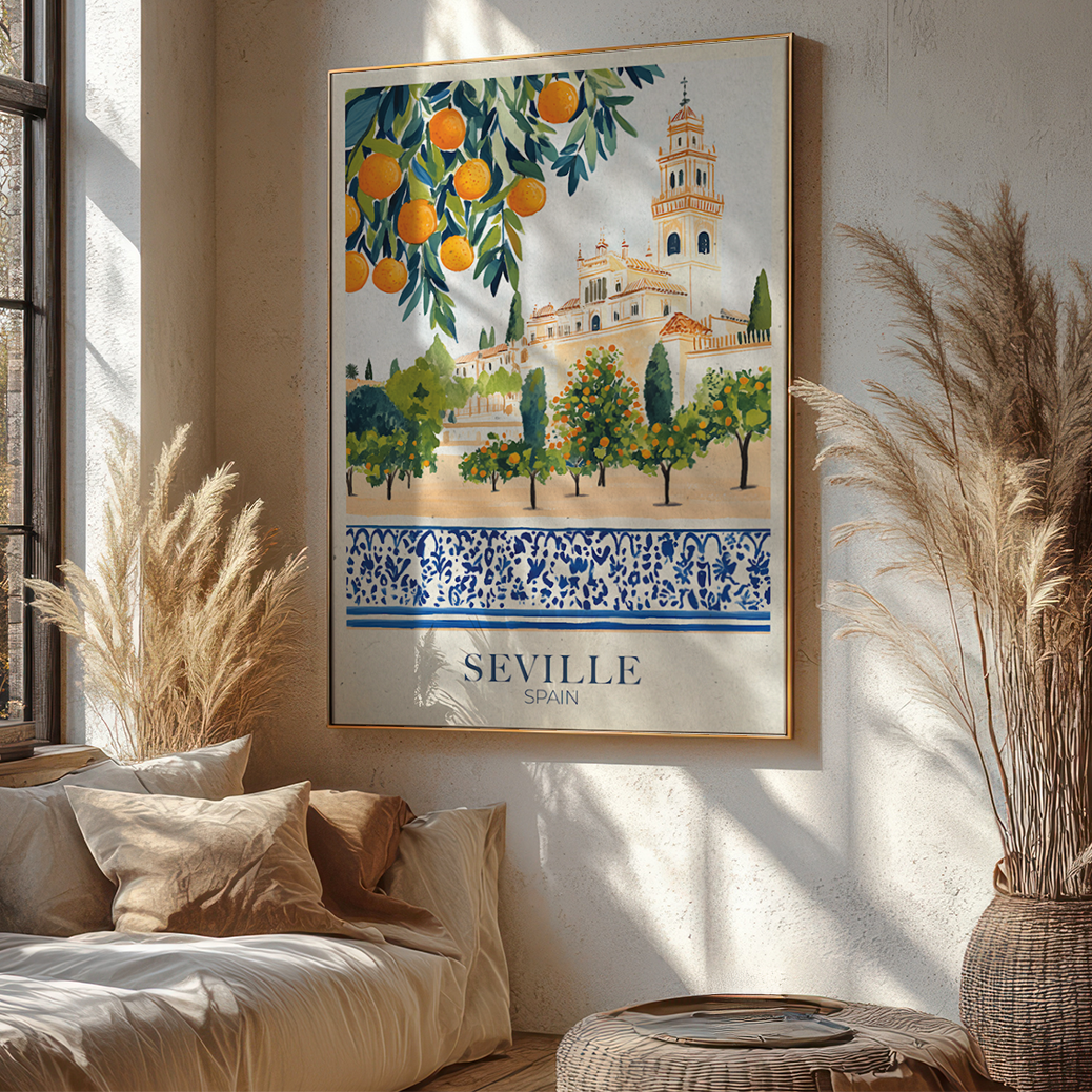 Decorative poster of Seville on a wall above a sofa with decorative elements.