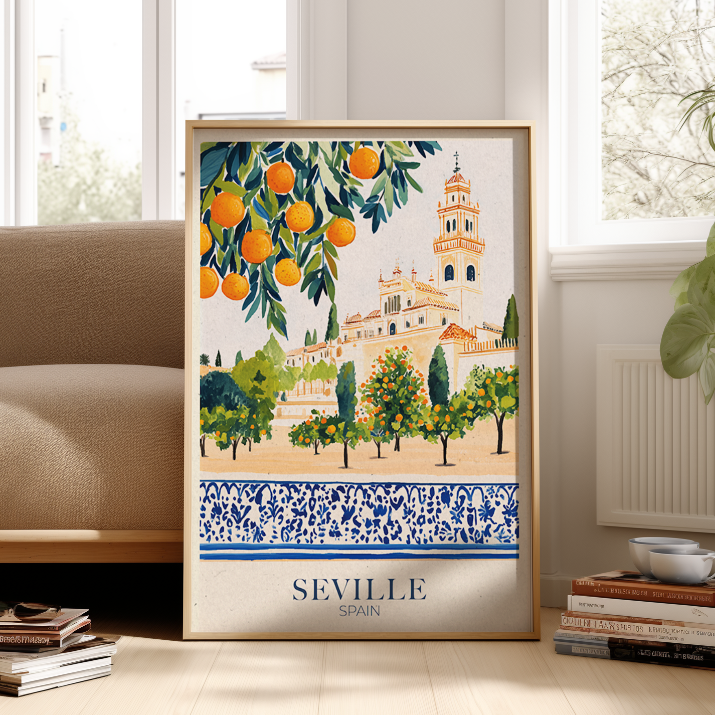 Framed artwork of Seville, Spain with oranges and a building, displayed in a room.