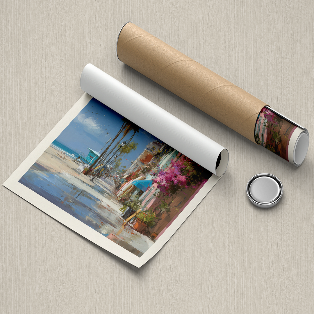 Rolled-up poster of a beach scene with a unrolled section on a textured surface