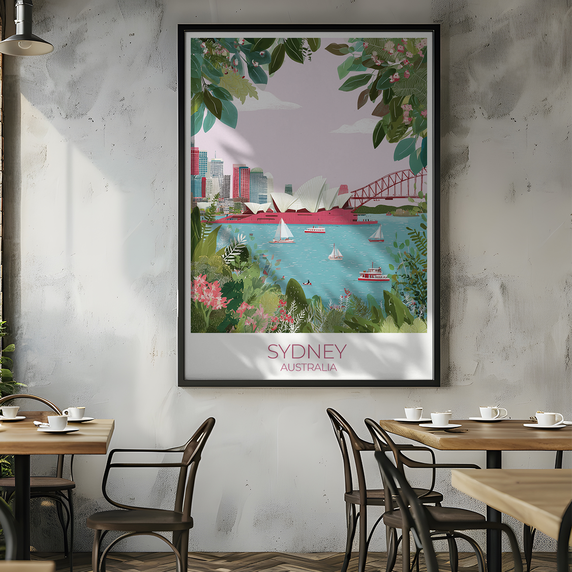 Framed artwork of Sydney Harbour in a modern cafe setting