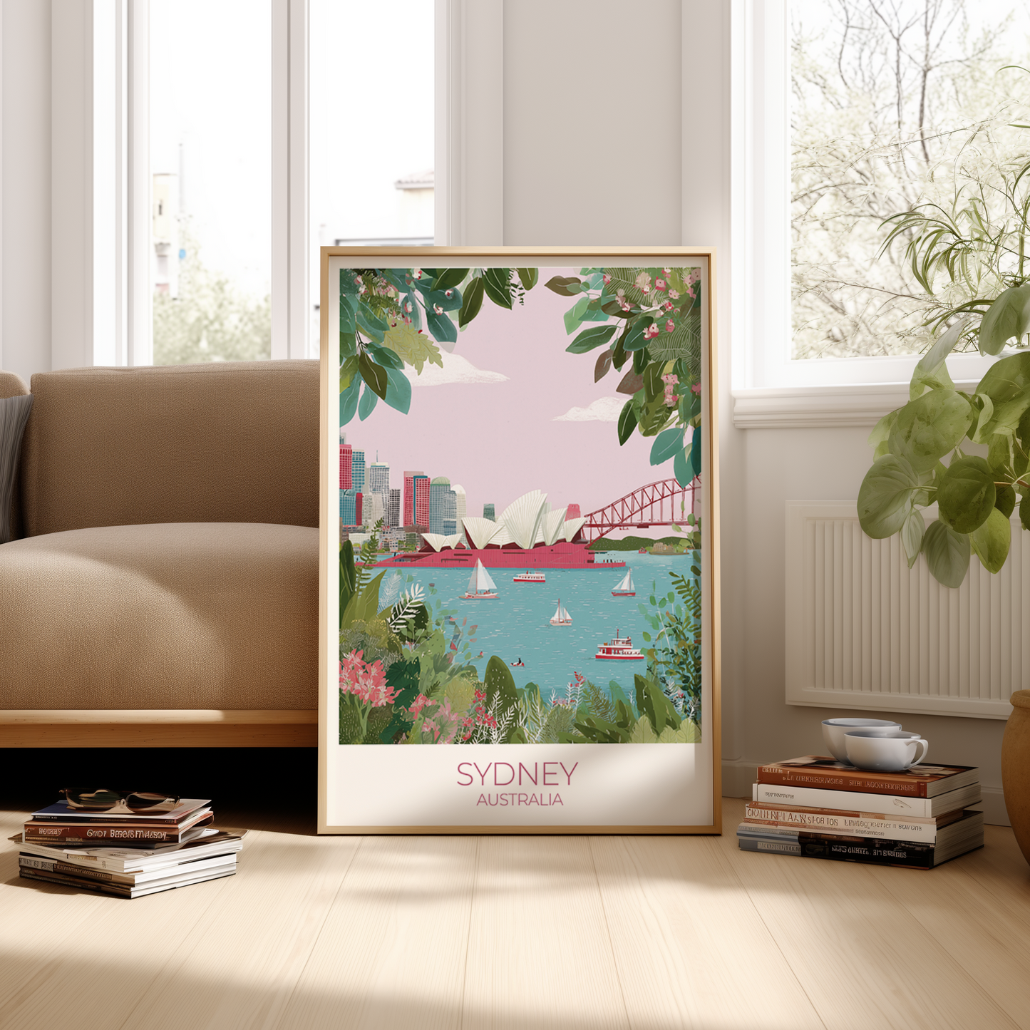 Framed artwork of Sydney, Australia in a living room setting.