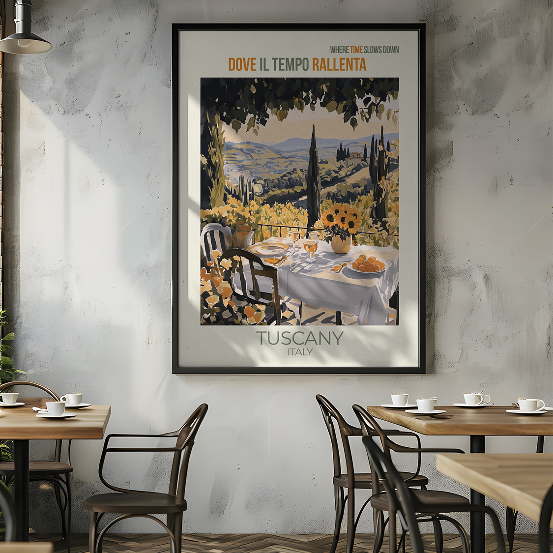 Restaurant interior with framed Tuscany travel poster on the wall