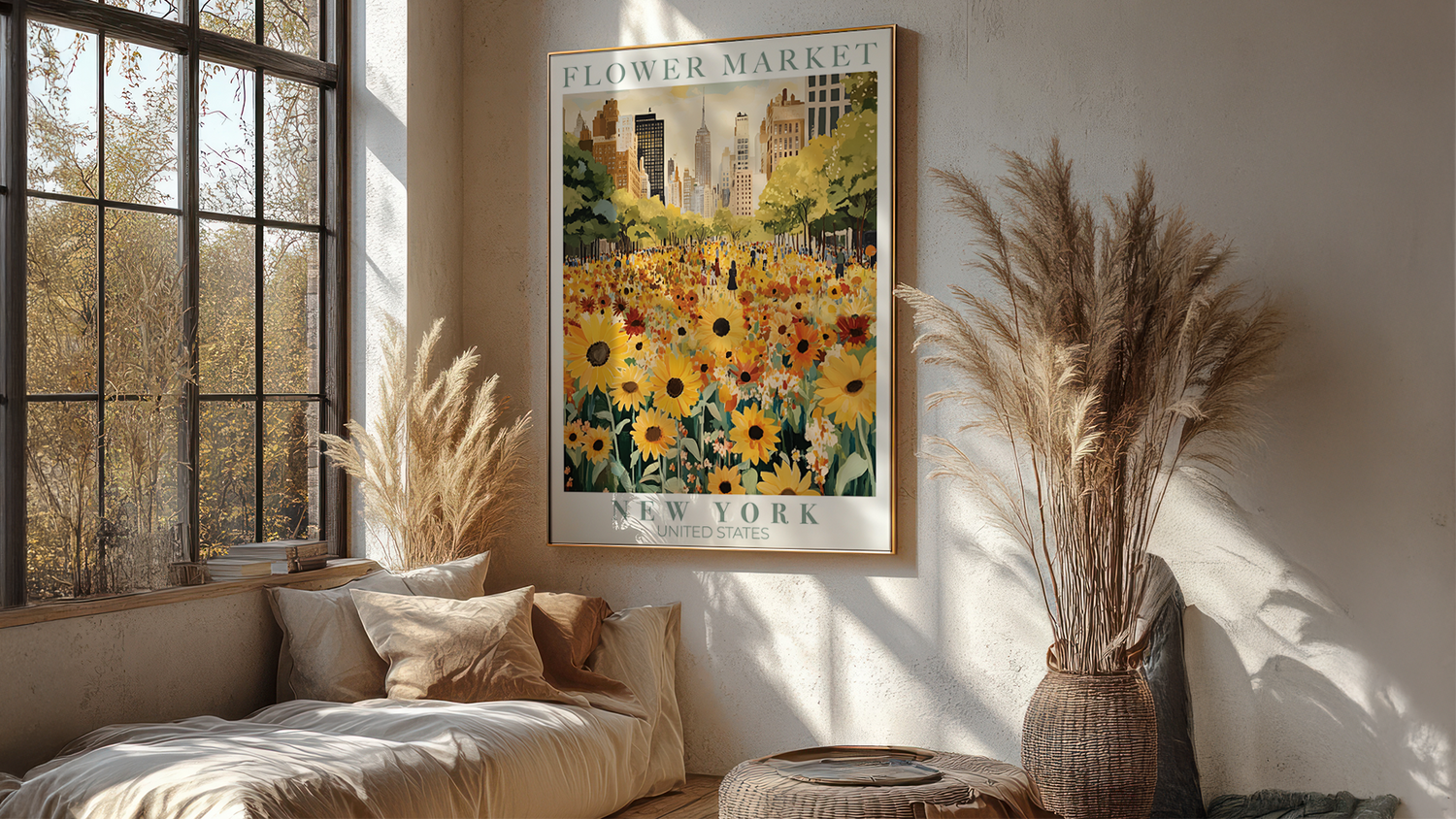 Framed wall art print depicting a vibrant flower market in New York City, featuring sunflowers and colorful blooms in the foreground with skyscrapers in the background.