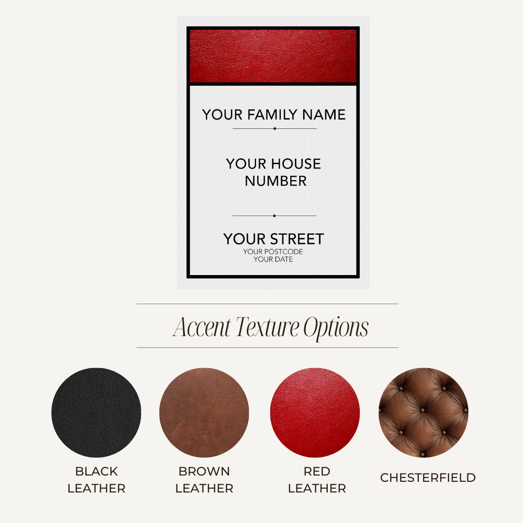 Luxury Personalized Leather Monopoly-Inspired Address Print | Custom House Number Wall Art | Unique Home Décor & Housewarming Gift