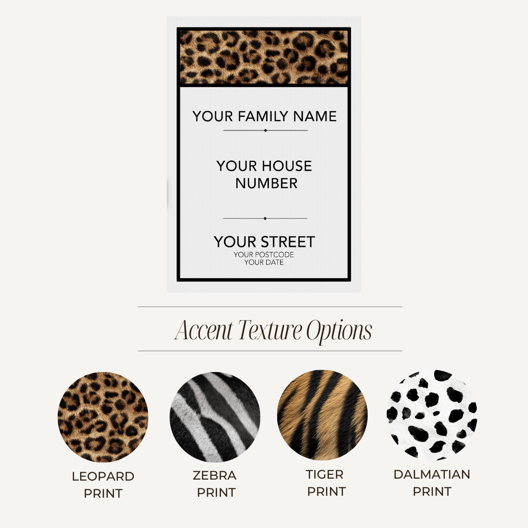 Design template for a house number sign with leopard print accents and color options.