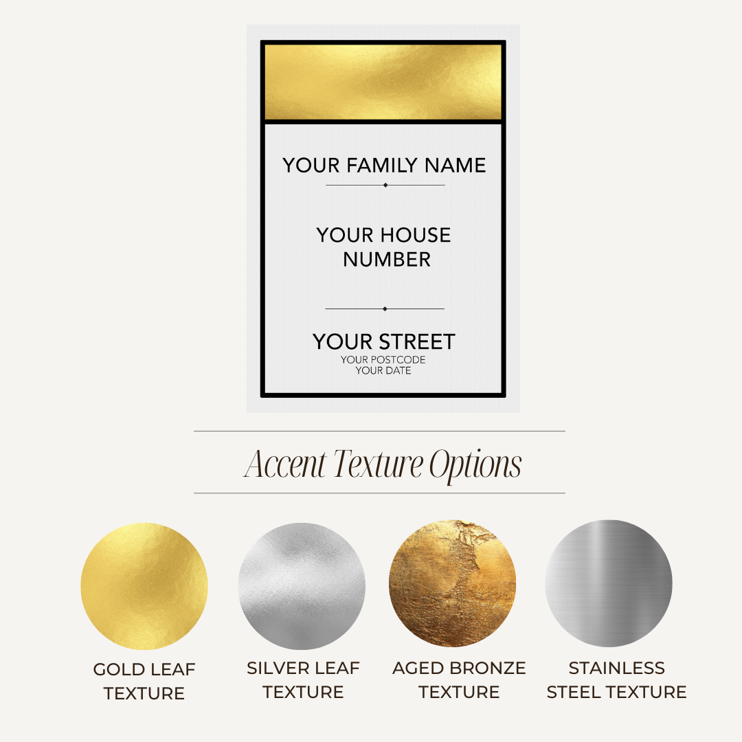 Design template for a house sign with text fields and texture options.