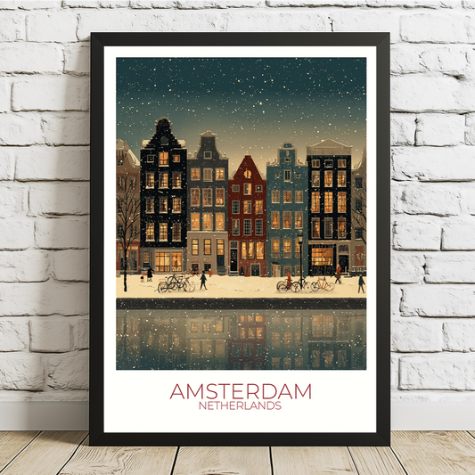 Framed artwork of Amsterdam with canal and buildings on a white brick wall.