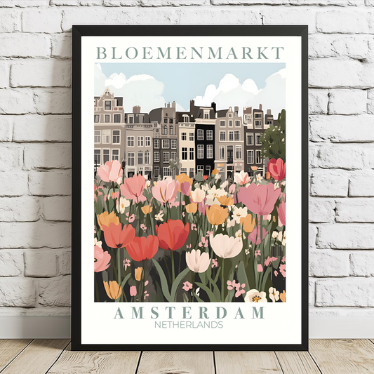 Framed poster of Amsterdam with tulips and buildings on a white brick wall.