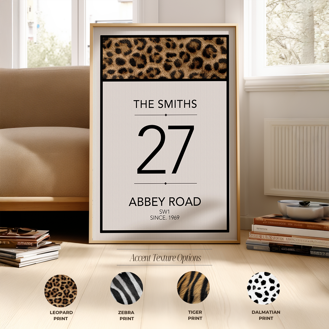 Framed print with 'The Smiths' and 'Abbey Road' text, featuring leopard print accent, in a room setting.