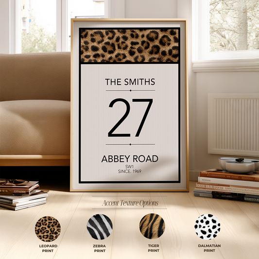Framed print with 'The Smiths' and 'Abbey Road' text, featuring leopard print accent, in a room setting.