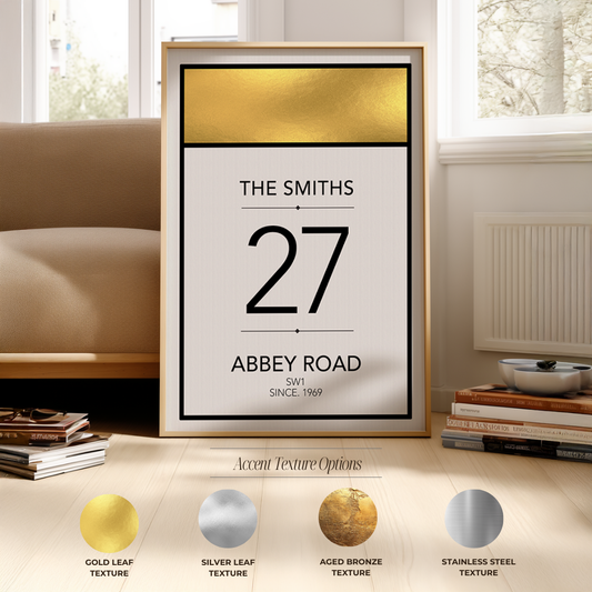 Framed print with 'The Smiths 27 Abbey Road' text in a modern interior setting.