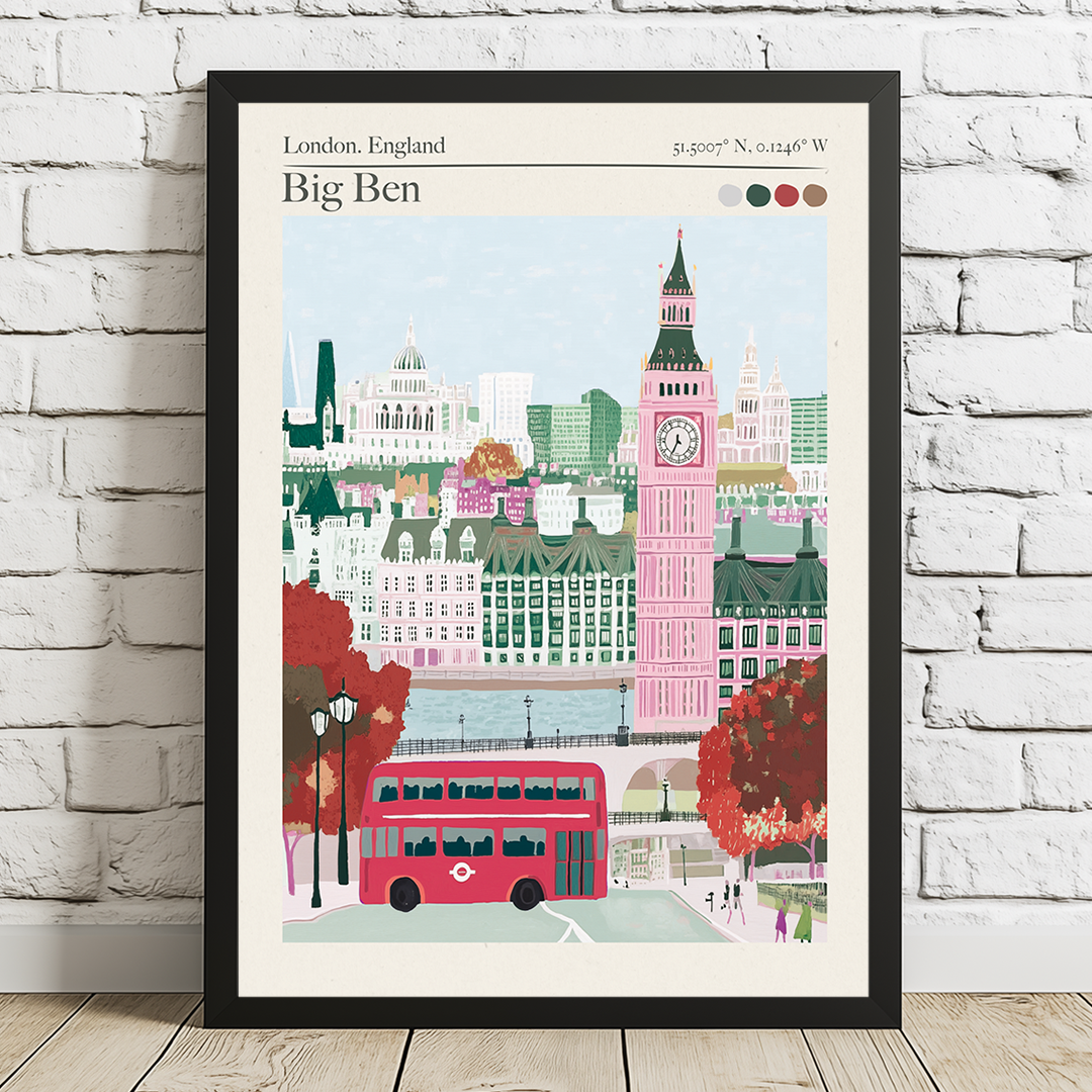 Framed artwork of London, England with Big Ben and a red bus on a white brick wall.