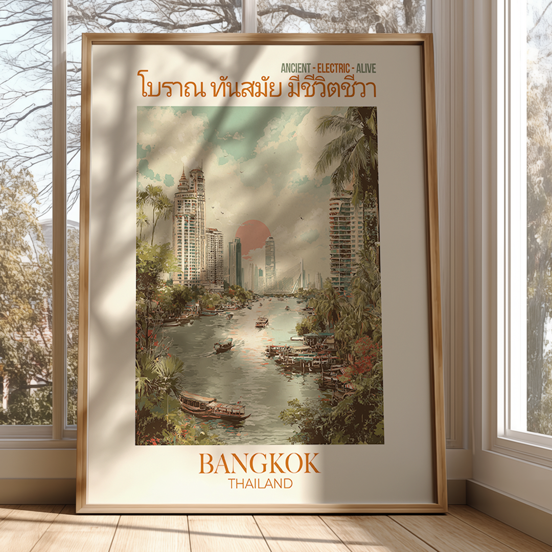 Framed poster of Bangkok, Thailand with a cityscape and river view.