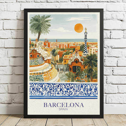 Framed poster of Barcelona with a scenic view and decorative border.