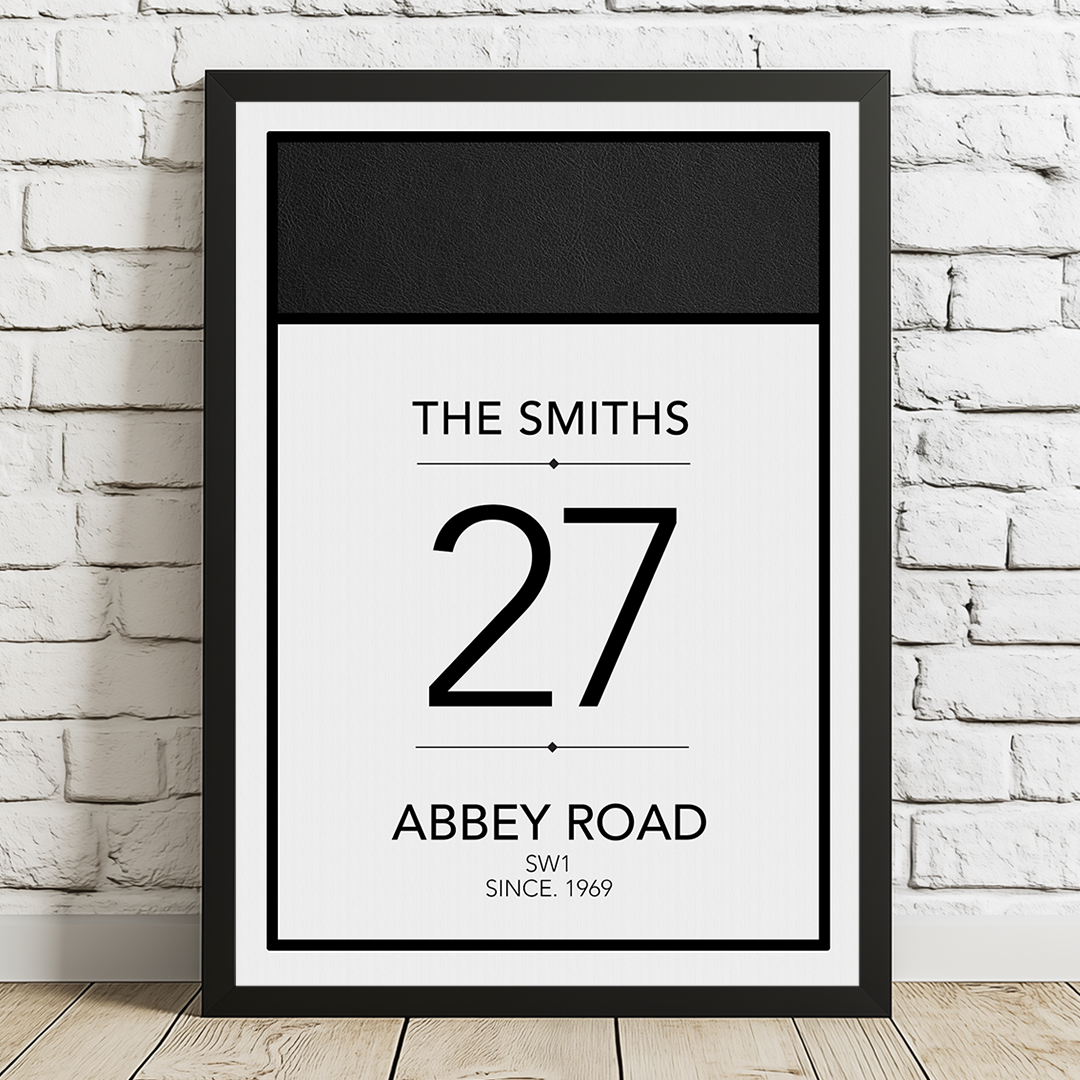 Framed poster with 'The Smiths 27 Abbey Road SW1 Since 1969' text on a white brick wall background.