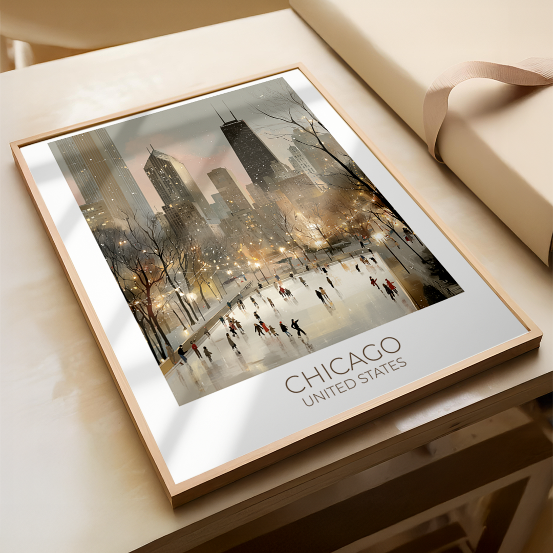 Framed artwork of a cityscape with 'Chicago United States' text on a table.