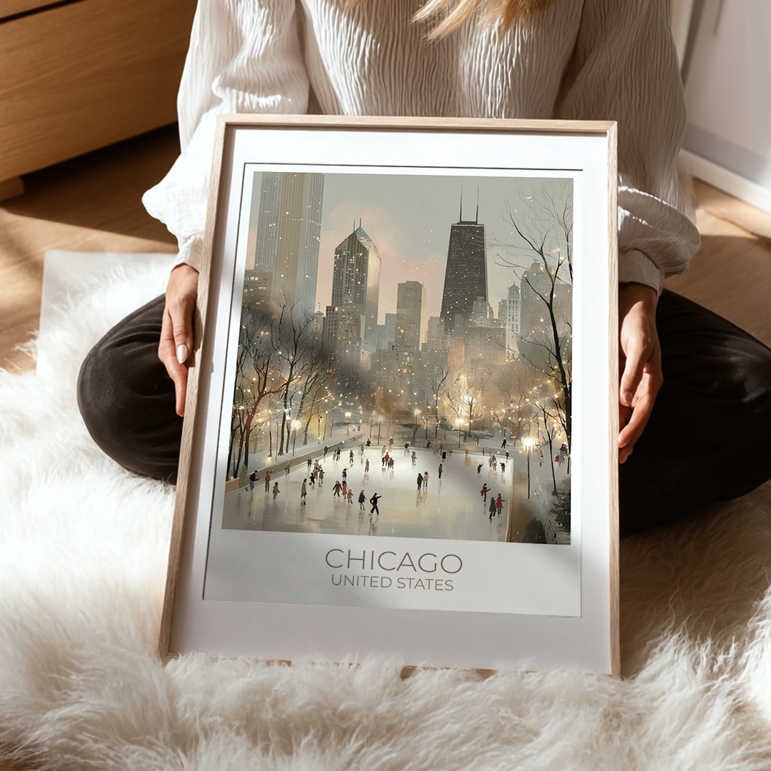Person holding a framed print of a Chicago skyline with people skating on a lake.