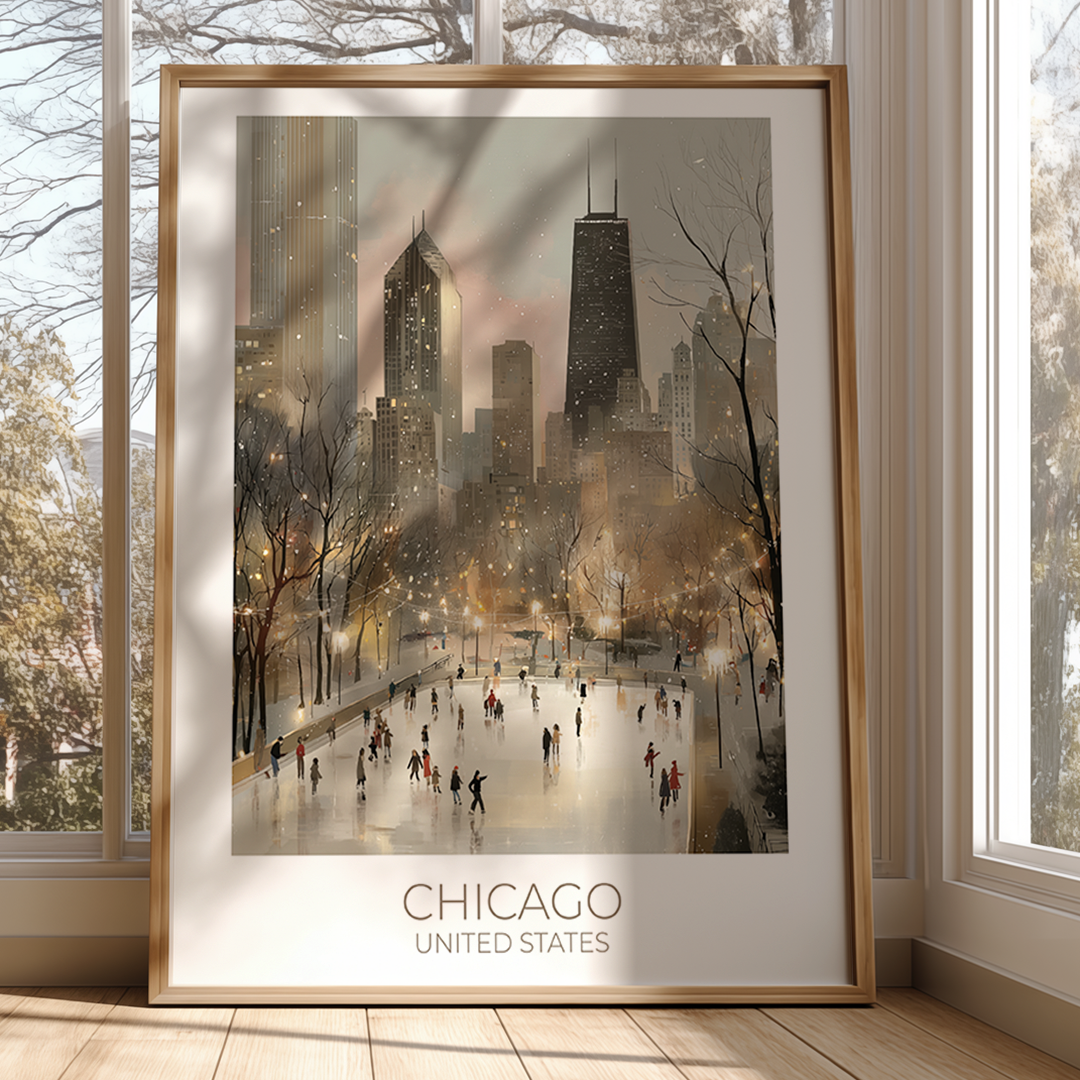 Framed artwork of a cityscape with people skating on a frozen lake, labeled 'Chicago, United States'.