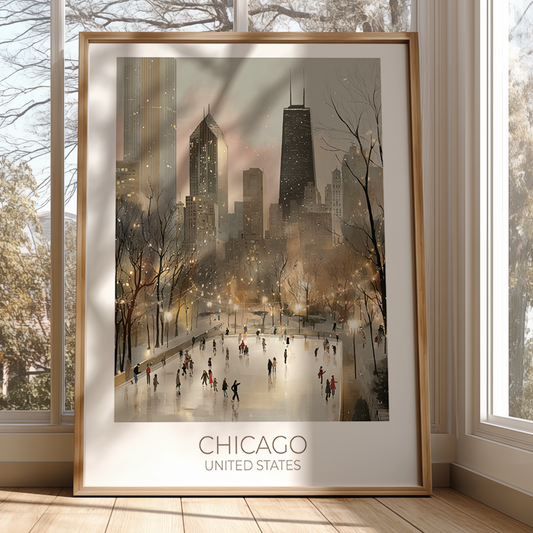 Framed artwork of a cityscape with people skating on a frozen lake, labeled 'Chicago, United States'.