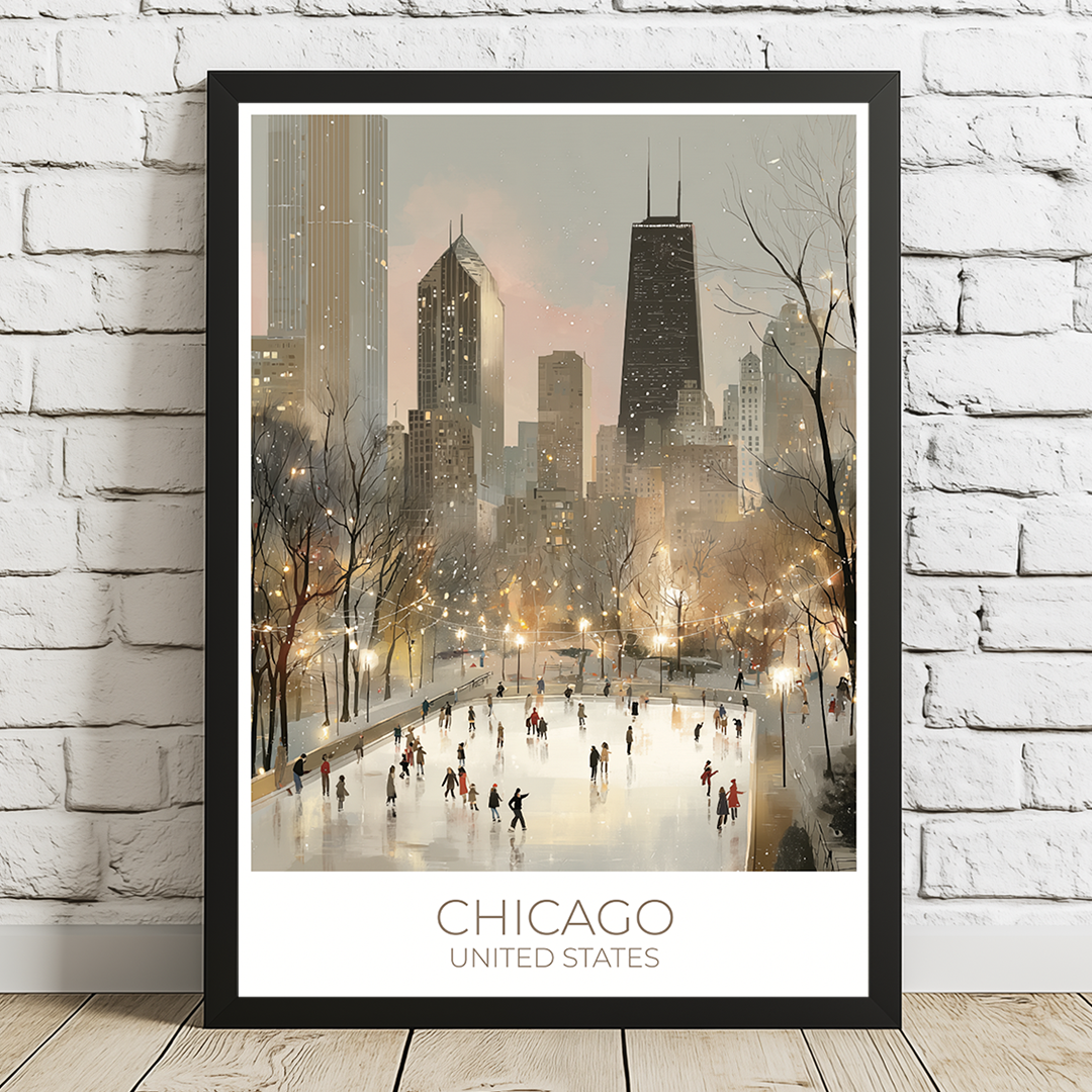 Framed artwork of a cityscape with 'Chicago, United States' text on a white brick wall.