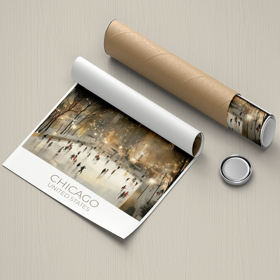 Roll of paper with a scenic print of Chicago, United States, on a textured surface.