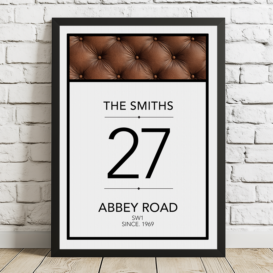 Framed poster with 'The Smiths' and 'Abbey Road' text on a white brick wall background