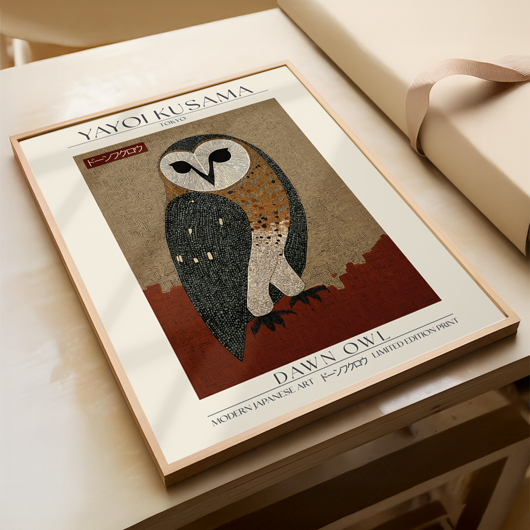 Modern Japanese art print featuring a stylized owl in earthy brown and beige tones with intricate geometric patterns, inspired by Yayoi Kusama’s style. Limited edition wall art on premium archival paper.