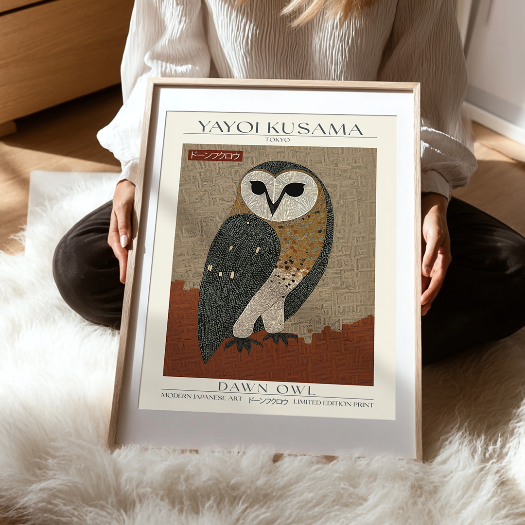 Modern Japanese art print featuring a stylized owl in earthy brown and beige tones with intricate geometric patterns, inspired by Yayoi Kusama’s style. Limited edition wall art on premium archival paper.