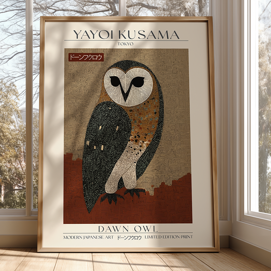 Modern Japanese art print featuring a stylized owl in earthy brown and beige tones with intricate geometric patterns, inspired by Yayoi Kusama’s style. Limited edition wall art on premium archival paper.