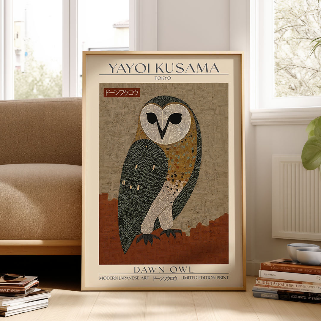 Modern Japanese art print featuring a stylized owl in earthy brown and beige tones with intricate geometric patterns, inspired by Yayoi Kusama’s style. Limited edition wall art on premium archival paper.